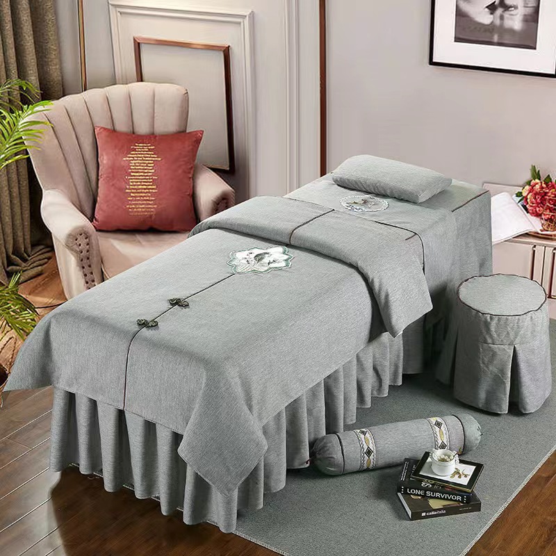 High-end cotton and linen beauty bedspread set of four pieces, minimalist skin care ear cleaning head therapy beauty salon massage bedspread set for wholesale