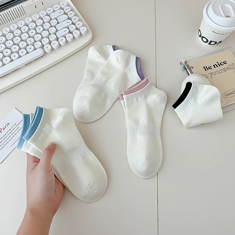 Zhuji ソックス レディース ショートソックス 夏 薄手 シンプル スタイル ホワイト スプライス ソックス 多用途 ロートップ ソリッド カラー ショート ソックス|undefined