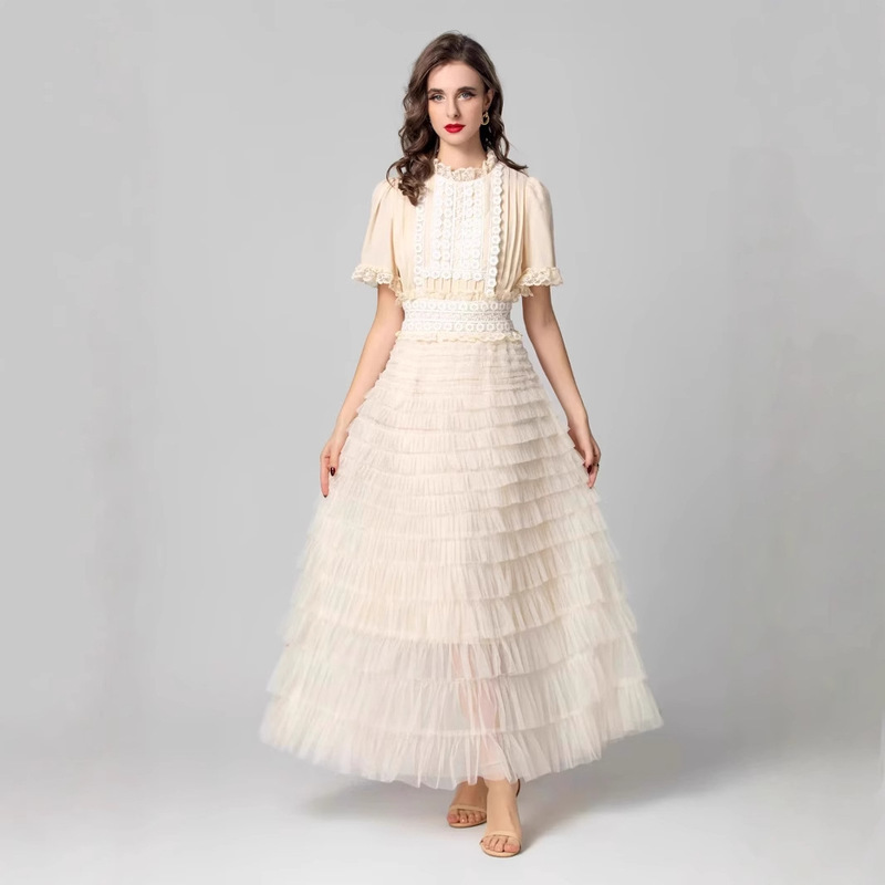 Women's 2025 Summer New Decal Short-sleeved Round Neck Mesh Multi-layer Long Waisted dress Women's 2025 Summer New Decal Short-sleeved Round Neck Mesh Multi-layer Long Waisted dress