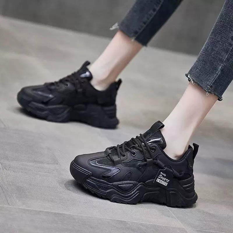 Platform Spring Sneakers, Korean Style, Women's Chunky Casual Sports Shoes, Leather & Mesh