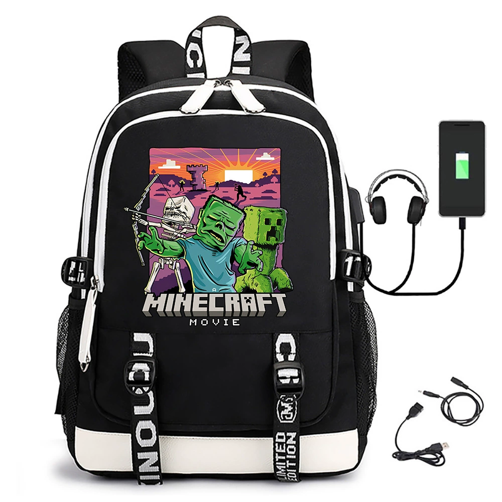 Рюкзак 2025 Minecraft фильм рюкзак USB молодежная дорожная сумка для ноутбука