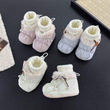 韩版蝴蝶结珍珠吊坠婴儿棉鞋毛边加绒软底鞋袜防水布宝宝学步鞋