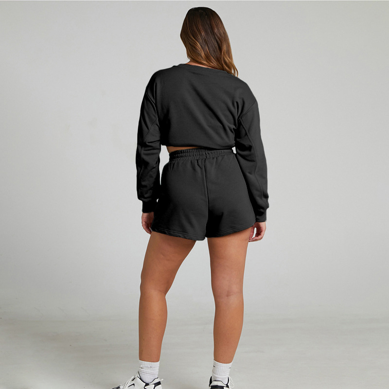 Solid Color Long Sleeve Sweaters Women Clothing Short Two-Piece Casual Shorts Suit