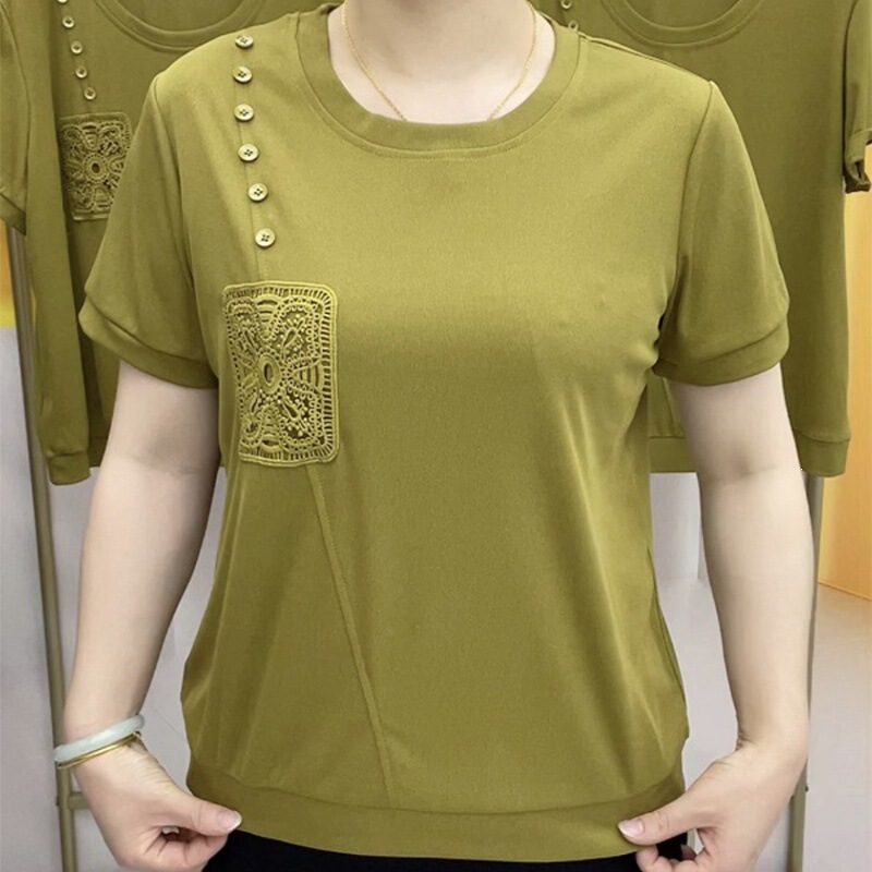Round Neck Solid Color Base Shirt, Summer Casual Short-Sleeved Shirt, Plus Size Middle-Aged and Elderly Mother's Top, Purple Ginger Yellow
