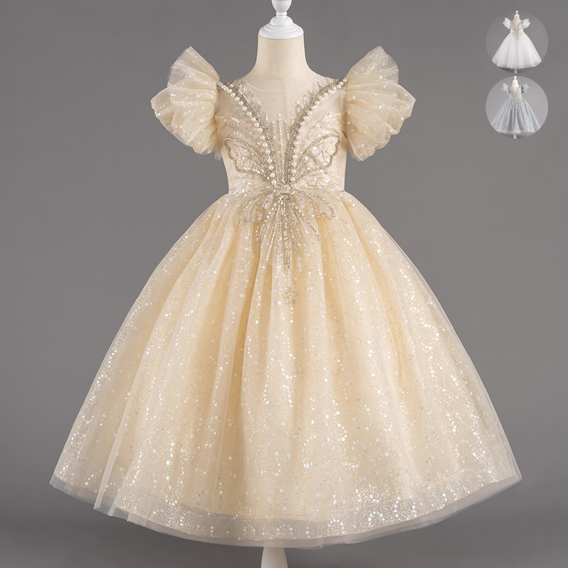 Girls Princess Dress Classy Sequined Tulle Dress Flower Girl Wedding Banquet Piano Performance Dress Kidsren's Dress