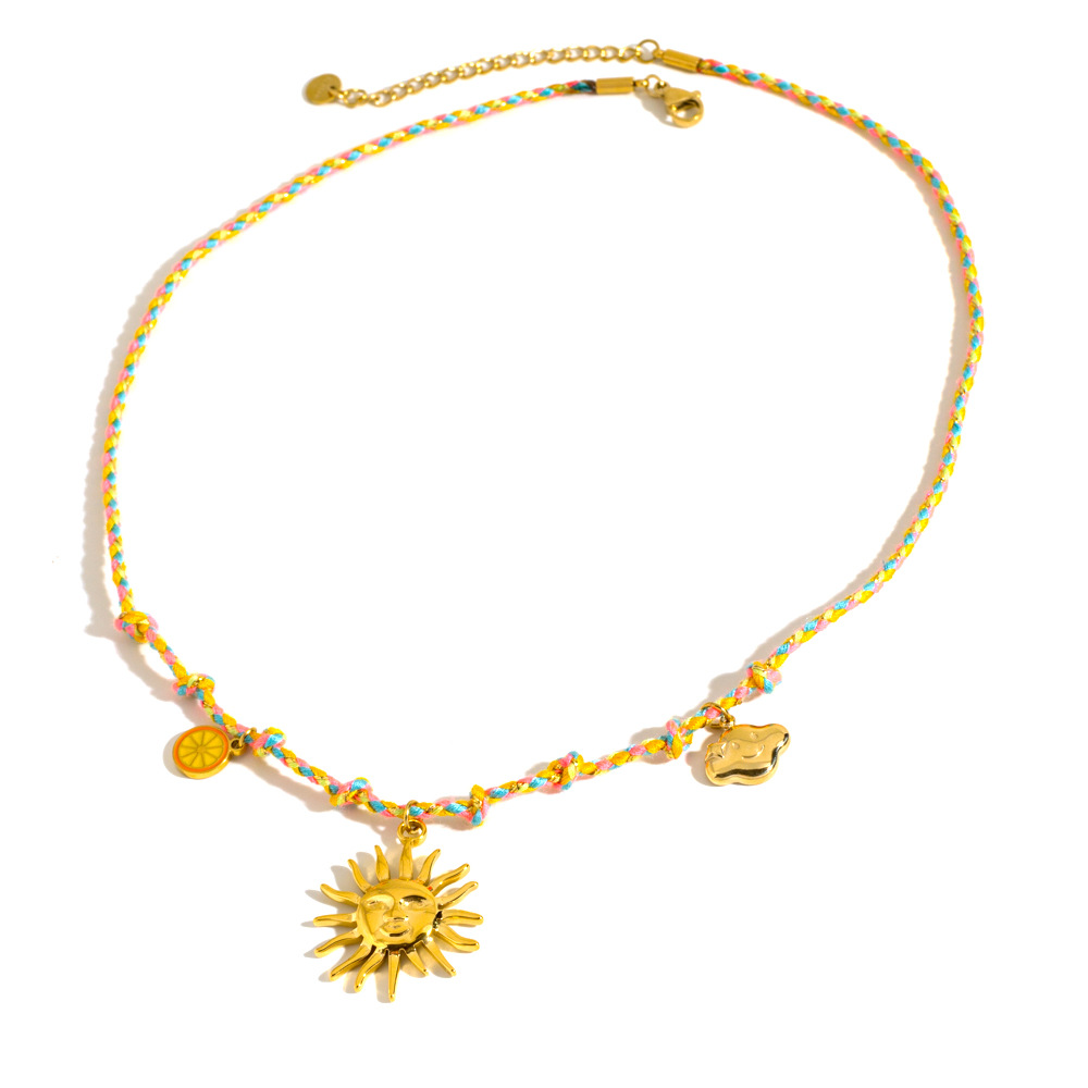 Natural Stone Inlay Material PVD Coated Real Gold Plated Sun Star Heart Shape Rope Titanium Steel IG Style Waterproof Non Tarnish Rope Multi Charms Necklace