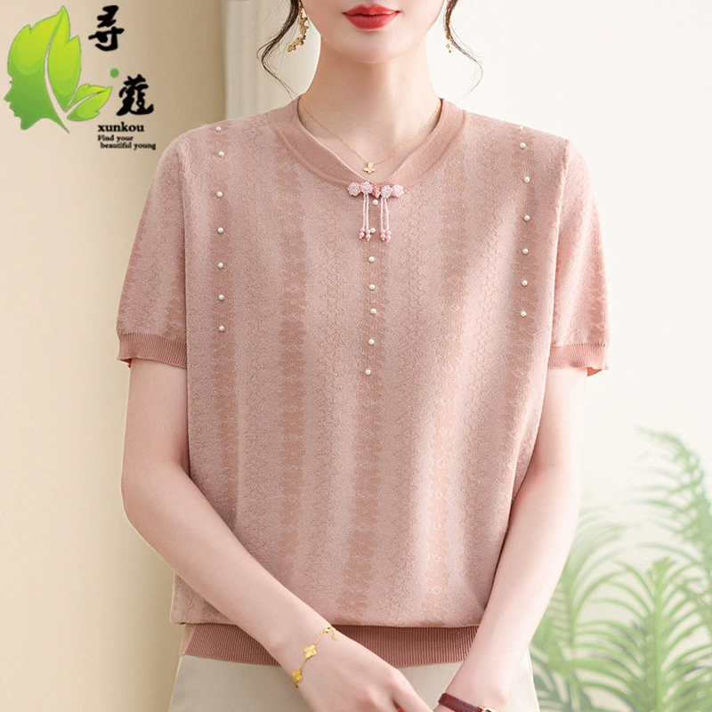 2025 женский средний и пожилой летний топ модная мама с короткими рукавами маленькая рубашка