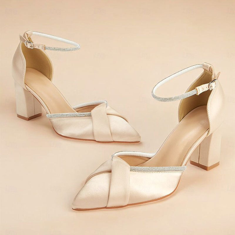White High Heels Wedding Shoes Thick Heel Fashion Pointed Satin Nude Shallow Hollow One Word Buckle Women's Shoes Wholesale White High Heels Wedding Shoes Thick Heel Fashion Pointed Satin Nude Shallow Hollow One Word Buckle Women's Shoes Wholesale