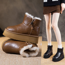 羊毛防水雪地靴女内增高10cm厚底松糕羊皮毛一体东北雪地棉鞋真皮