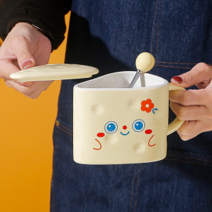 Cheese Shape Mug Cartoon Creative Cute Drinking Cup with Lid and Spoon Large Shaped Gift Cup for Home