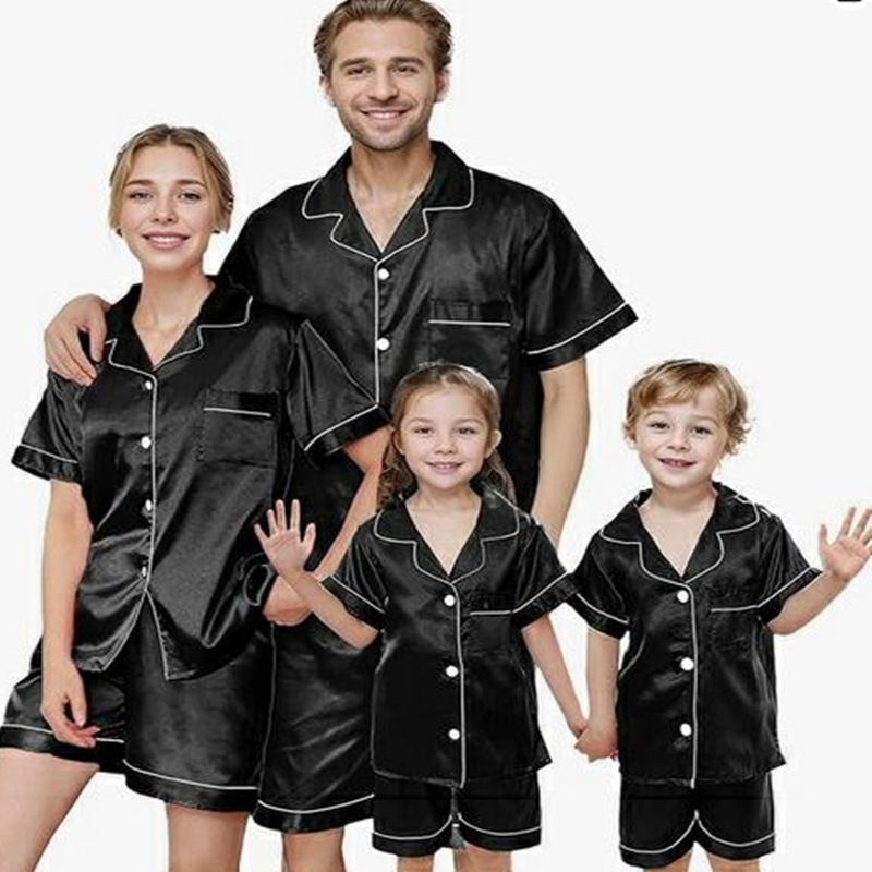 위시 아마존 2025 봄 여름 핫세일 신상품 유럽 및 미국 심플 솔리드 컬러 리브 장식 부모-자식 홈 의류 세트