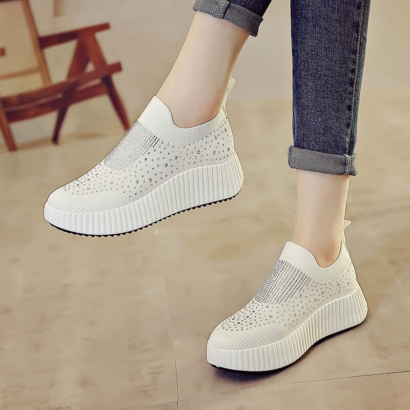 Rhinestone Casual Sports Shoes, Spring and Summer Mesh Shoes, Fly-Knit Breathable Slip-On White Shoes, Thick-Soled Running Shoes