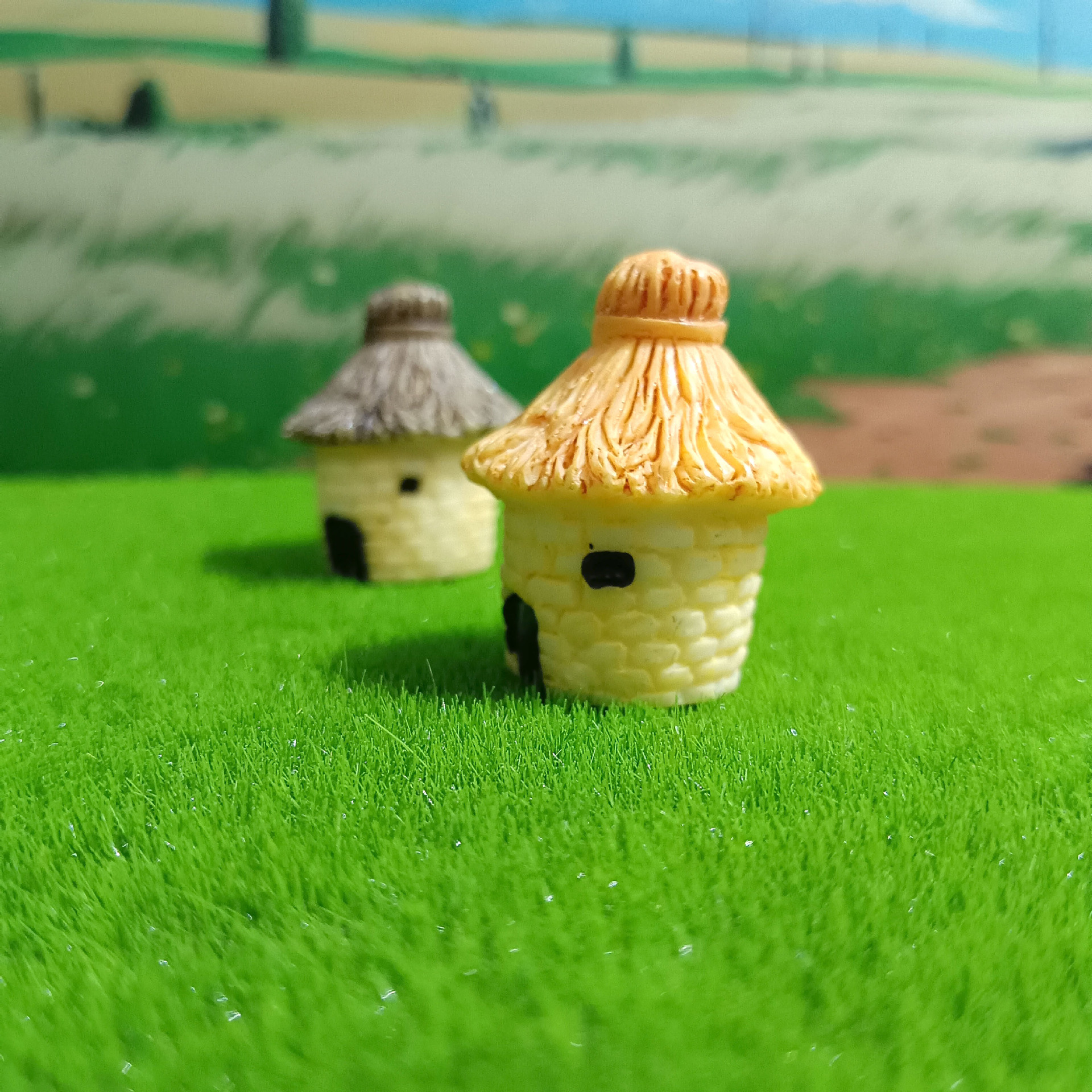 Decoración de paisajismo de pecera linda casa redonda casa con techo de paja micro paisaje ensamblaje de bricolaje granero pequeño adorno