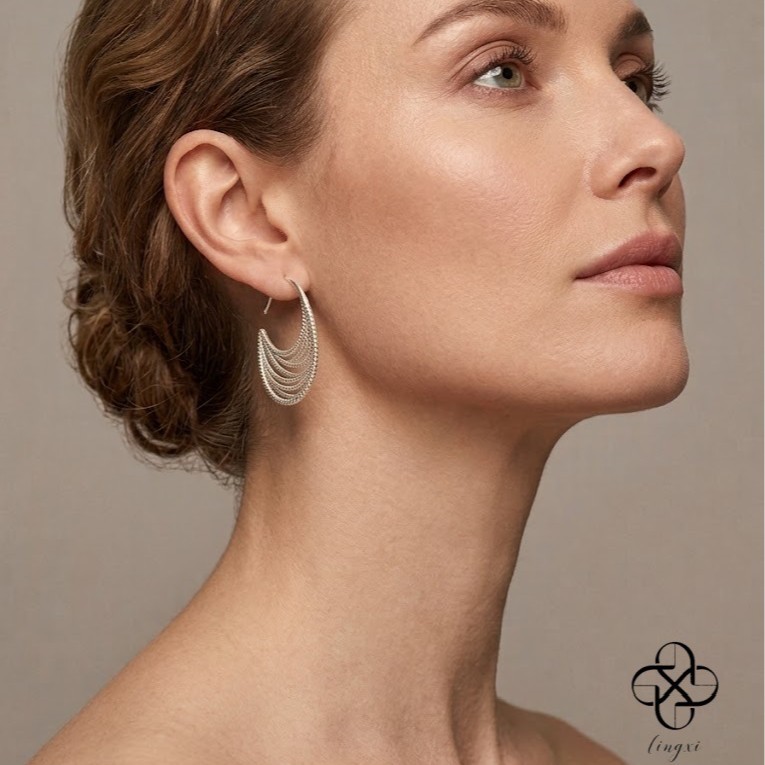 Vintage multi-layered tassel C-shaped earrings for women, ethnic style layered hollow wave niche old silver earrings, factory wholesale