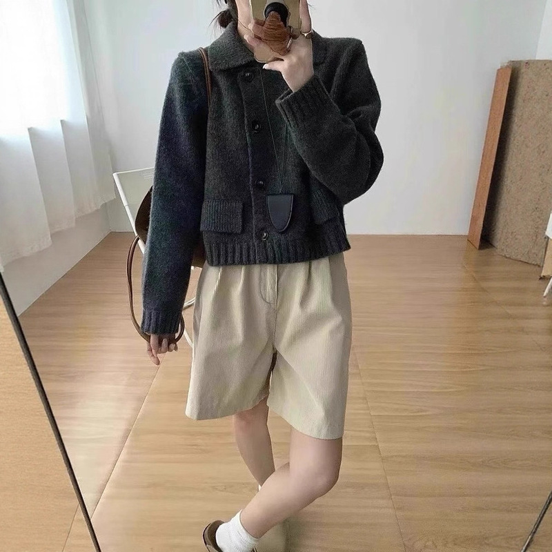 韩系简约风双排扣翻领外套女2025秋冬新款时尚百搭假口袋针织开衫|undefined