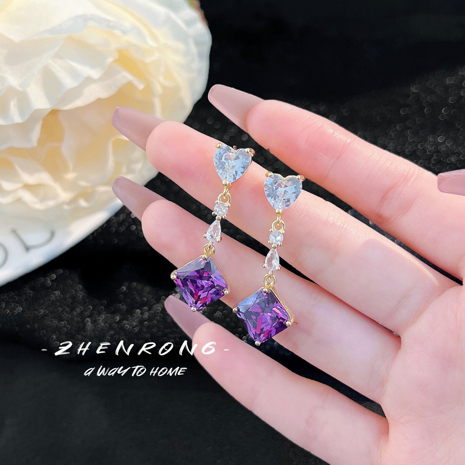 Fashionable sophisticated long geometric square pink-purple earrings…