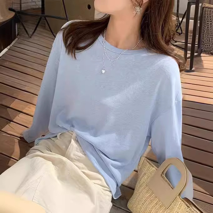 Women's long-sleeved T-shirt, summer 2025 new style, loose top, thin t-shirt, round neck, outerwear, sun protection cover-up.