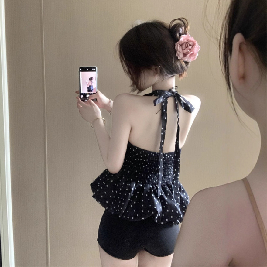 黑色波点甜辣风挂脖V领背心女装夏季设计感小众修身别致绝美上衣