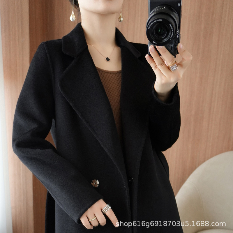 2024 Autumn/Winter New Double-Sided Wool Coat for Women, Mid-Length 100% Wool Coat, Cocoon-Shaped Jacket with Tie for Women