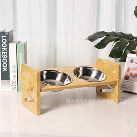 木制宠物狗猫碗架竹木制猫狗进食增高架保护颈椎双碗吃食喝水碗架
