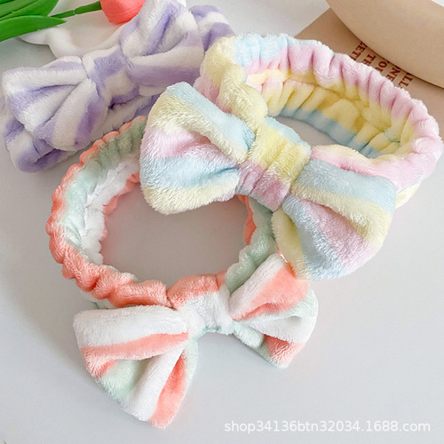 Korean Version Women's Striped Polka Dot Leopard Print Bow Hair Band Headwear Flannel Sports Washable Hair Ties Hair Band Wholesale