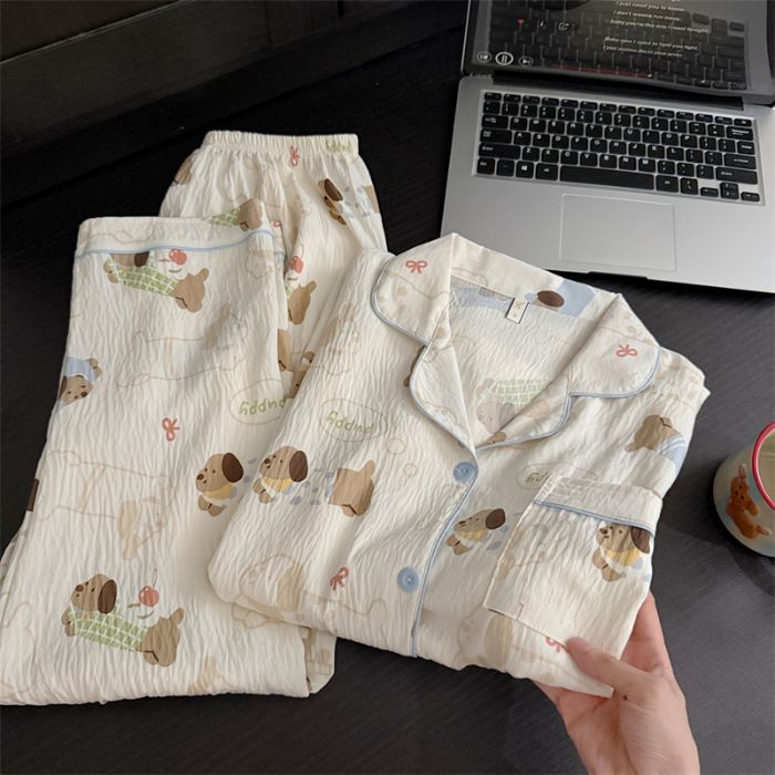 Al por mayor transfronterizo cien pijamas de verano mujeres 2025 nuevas nubes de algodón pantalones de manga larga dibujos animados lindos ropa para el hogar