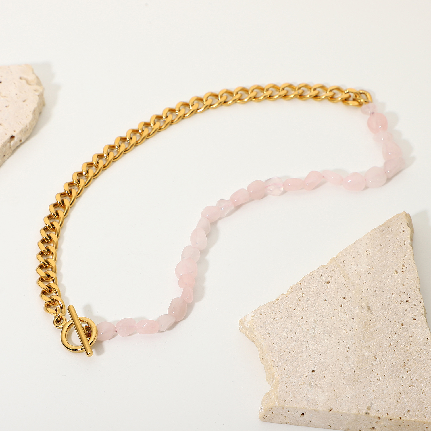 Wholesale Jewelry Pink Natural Stone Beaded Splicing Chain Stainless Steel Necklace_colorza_6