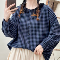 森系花边领休闲格子衬衣女减龄文艺棉质长袖上衣宽松百搭厚料衬衫