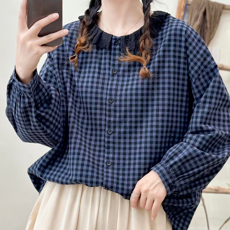 森系花边领休闲格子衬衣女减龄文艺棉质长袖上衣宽松百搭厚料衬衫|undefined