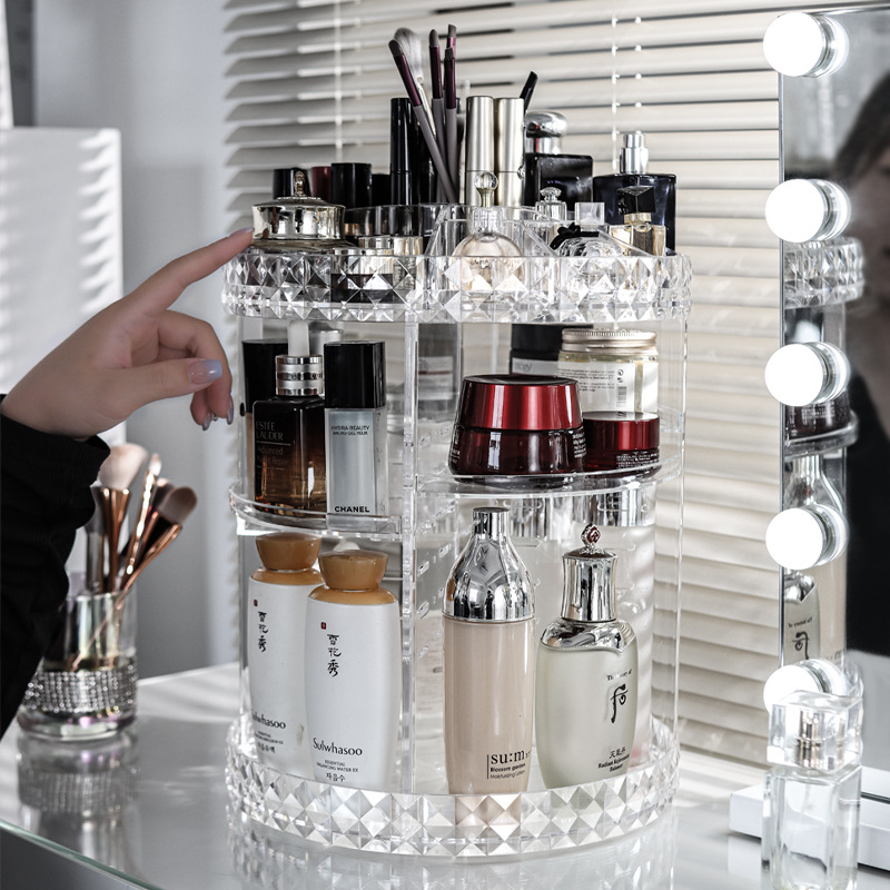 360 Rotación de productos de cuidado de la piel caja de almacenamiento de luz de lujo giratorio estante cosmético transparente estante de almacenamiento de escritorio