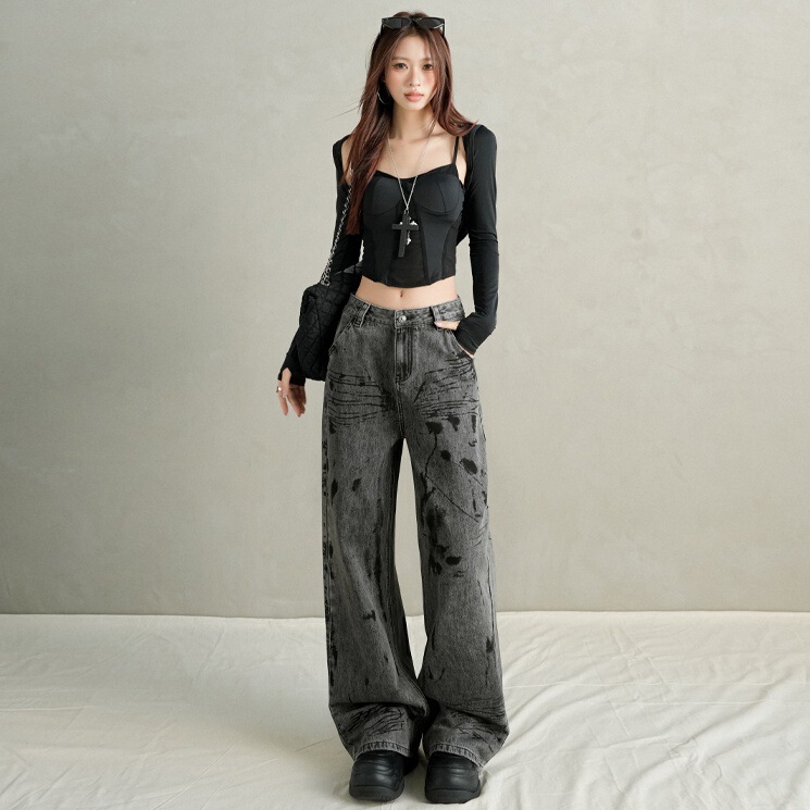 复古扎染牛仔裤子女秋季新款美式港风高腰宽松显瘦直筒垂感拖地裤|undefined