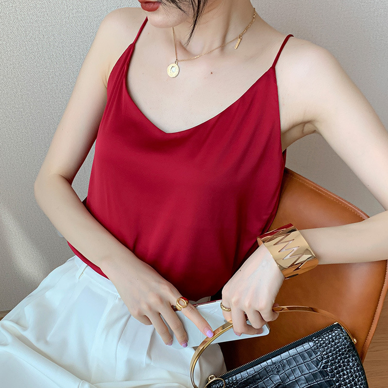 Red Silk Satin Camisole Women's Spring and Autumn Life Year Suit Loose Belly Covering Silk Top Trendy Red Silk Satin Camisole Women's Spring and Autumn Life Year Suit Loose Belly Covering Silk Top Trendy