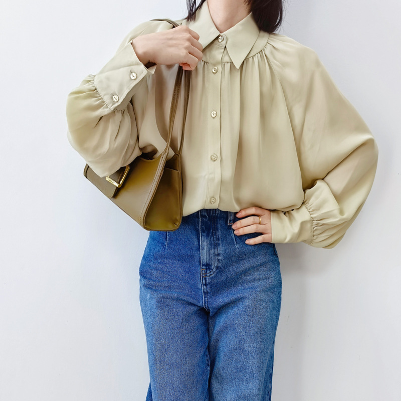 Special Offer: French-Style Commuter Sage Green Heavy Silk Loose Shirt for Women, Loose Os Lantern Sleeve Mulberry Silk Blouse