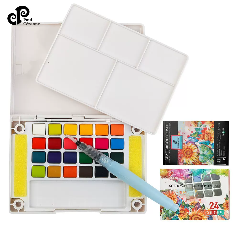 保罗画材跨境固体水彩颜料套装18/24色美术生便携式户外写生颜料