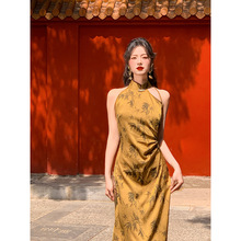 新中式复古改良旗袍无袖挂脖连衣裙女春夏季收腰显瘦裙子日常可穿