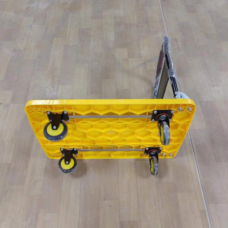 Carro de plástico, remolque de carga plano, plegable 60*90, tablero de plástico amarillo, refuerzo, carro de plástico de panal