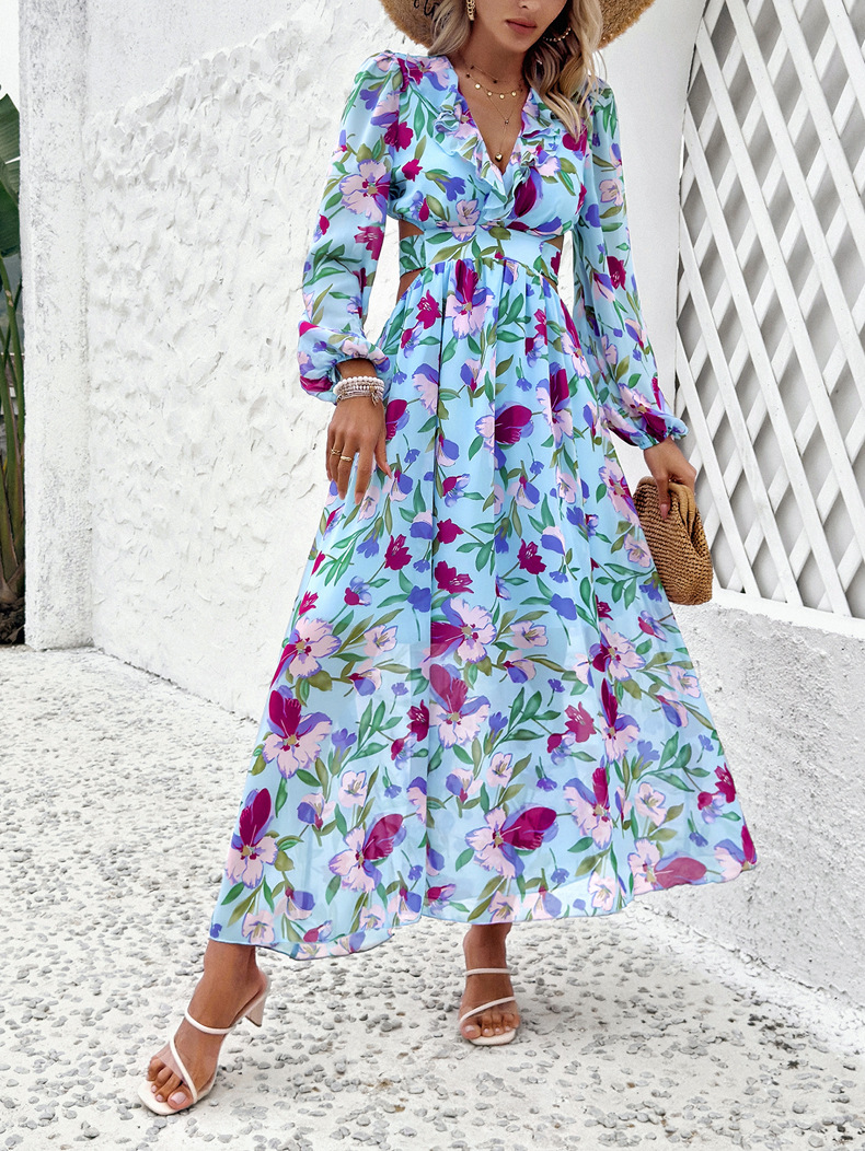 Women's Regular Dress Vacation V Neck Printing Long Sleeve Flower Maxi Long Dress Daily Beach display picture 5