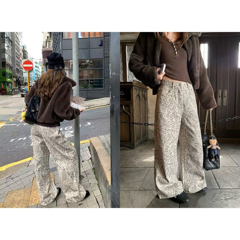 [Ready Stock] Im to Shibuya Sky’ Leopard Print Retro Distressed Wide-Leg Pants for Women Autumn Custom-Dyed Casual Jeans