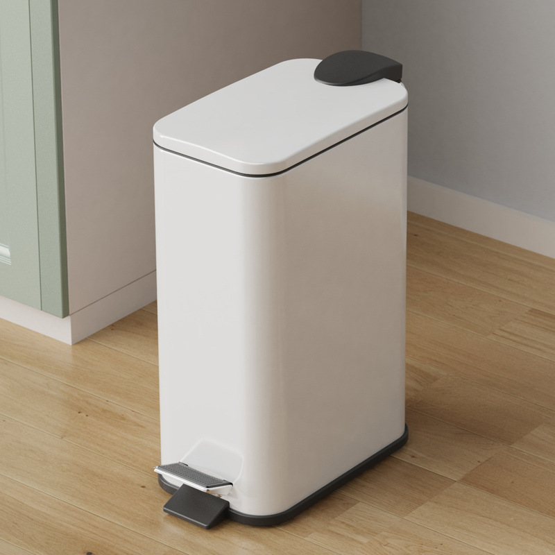 Household White Pedal Square Thin Lid Trash Can with Lid Kitchen Toilet Paper Basket Slit Silent Slow Down Storage Bucket