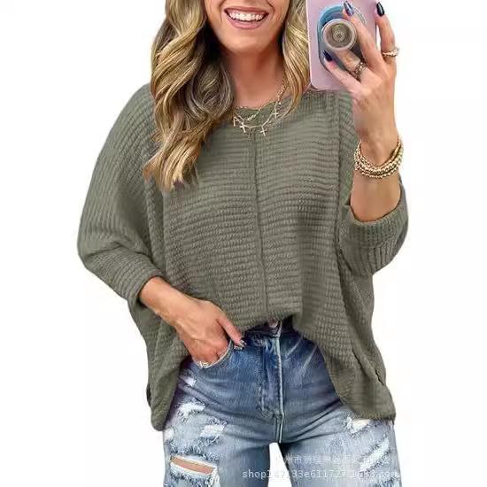 Amazon Women's 2024 Autumn Pullover Crewneck Bat Wing Long Sleeve Shirt Waffled Knitted Pullover Top