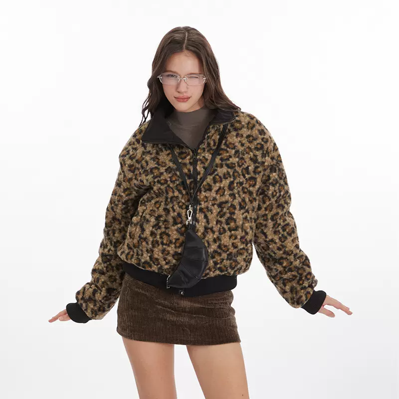 跨境欧美豹纹印花冰雹双面拉链蟒蛇夹克短款棉衣加厚保暖毛呢外套