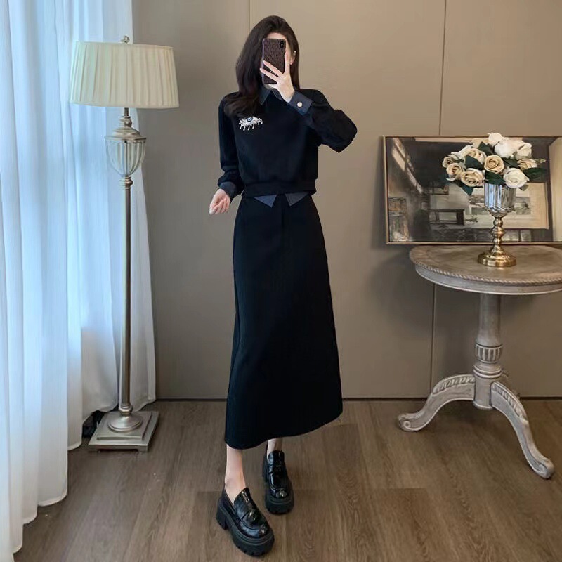 跨境秋季套装女2025年新款小众设计高级感假两件卫衣半身裙两件套|undefined