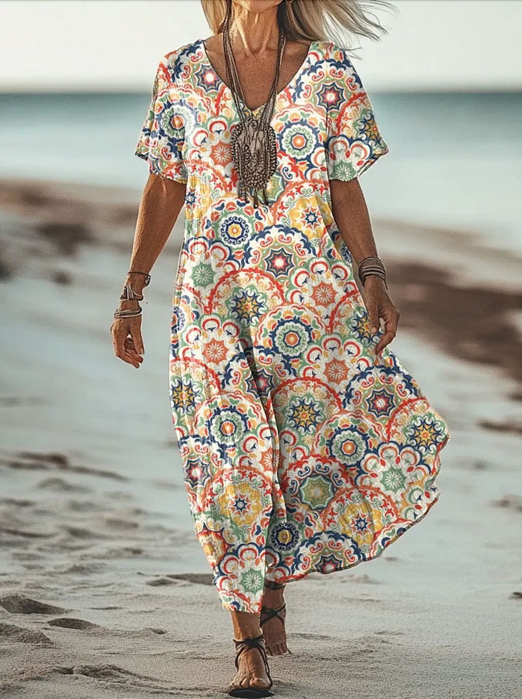 Creative Floral Women's Summer V-Neck Short Sleeve Dress Midi Skirt_ecoleips.com