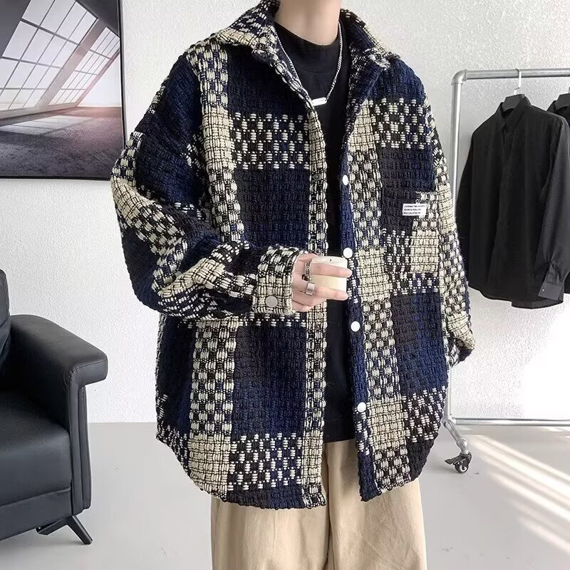 秋冬新款潮牌小香风外套男士格子夹克韩版撞色宽松情侣翻领上衣服|undefined