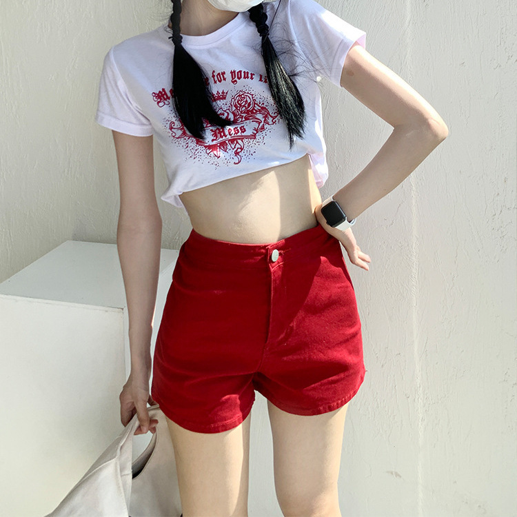 Women's New Denim Shorts, Elastic High-Waisted, Slimming, Sexy, Hip-Hugging, A-Line, Red, Wide-Leg, Outerwear Hot Pants