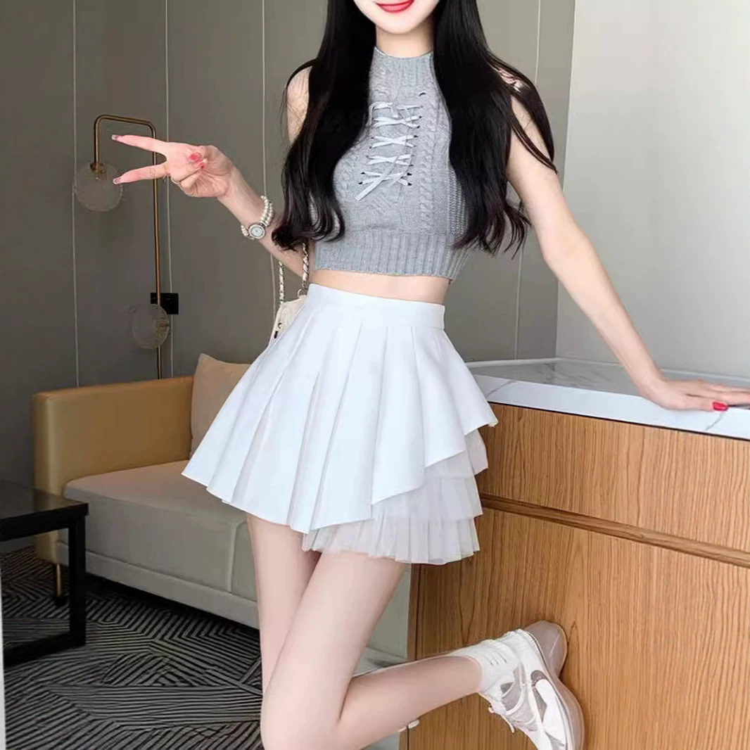 2026新款夏季白色网纱百褶裙高腰a字显瘦半身裙小仙女设计感短裙
