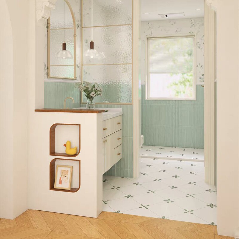 Guangdong Foshan Brick French-Style Cream-Colored Green Patterned Wall Tiles for Bathroom, Shower Room, Balcony, Kitchen Wall Tiles