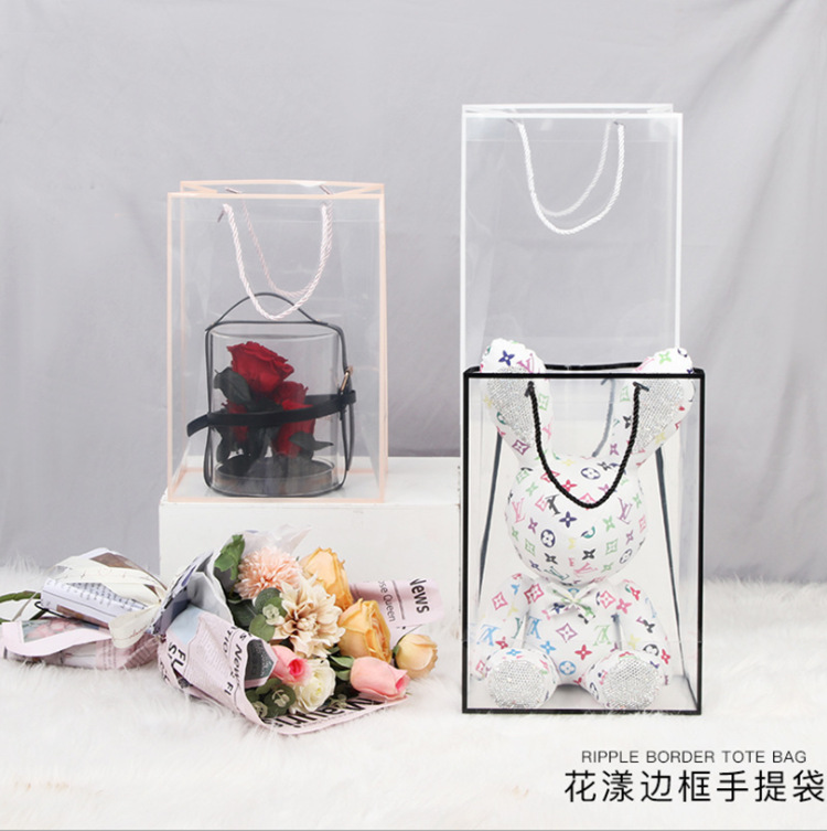 花漾边框透明OPP手提袋手拎玫瑰鲜花花束礼品包装袋花店花艺资材