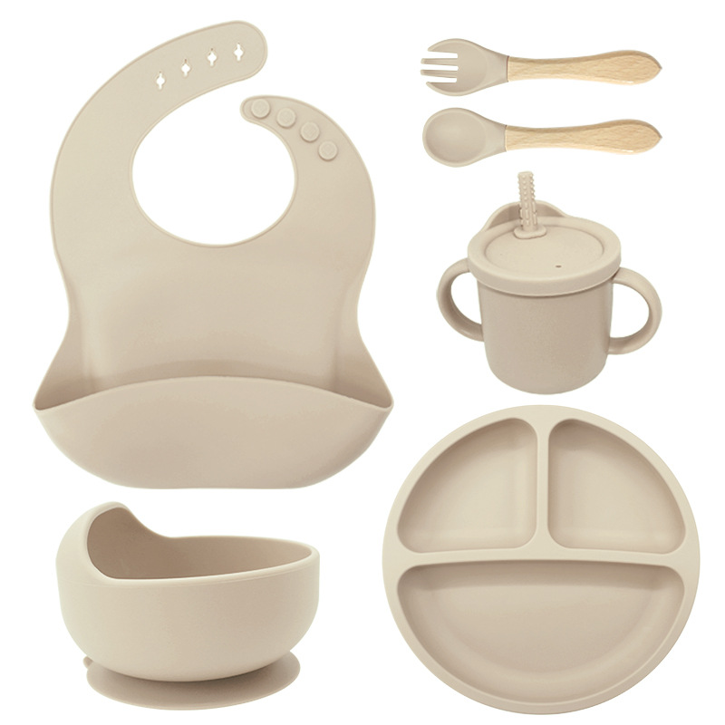 Juego de vajilla de silicona para niños Tazón de alimentación de grado alimenticio para bebés Taza de pajita molar para bebé
