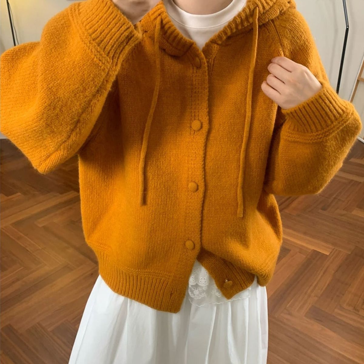 韩系复古南瓜橘色连帽毛衣外套女秋冬宽松慵懒感粗线针织开衫